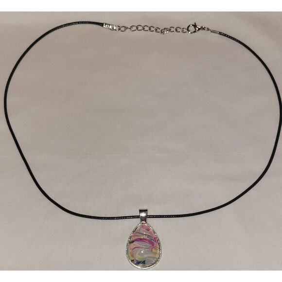 Handmade Acrylic Skin Pendant Necklace Teardrop Pink Blue White Silver Black - Picture 3 of 4